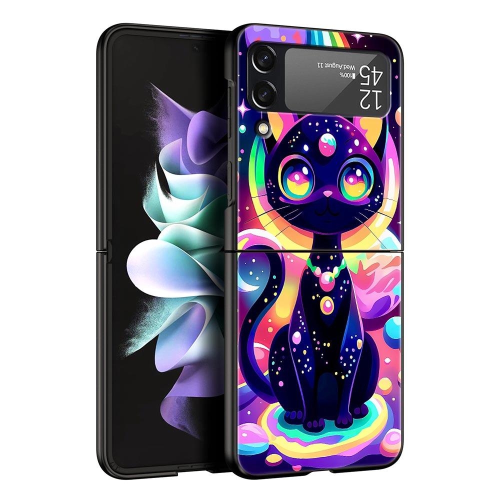 Colorful Cat Design Hard PC Phone Case For Samsung Galaxy Z Flip 7 6 5 4 Black Cover For Galaxy Z Flip 3 Foldable Shell Fundas
