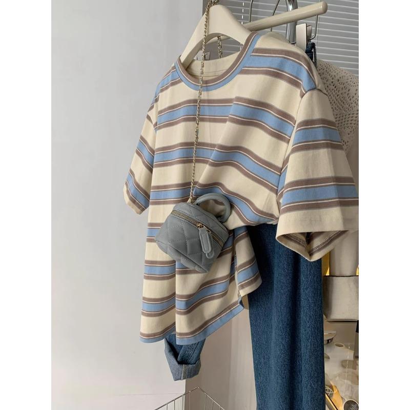 harajuku cartoon embroidery short sleeve T Shirt 2025 Summer fashion stripe T-shirt casual loose Women Clothing young girls white y2k Tops streetwear