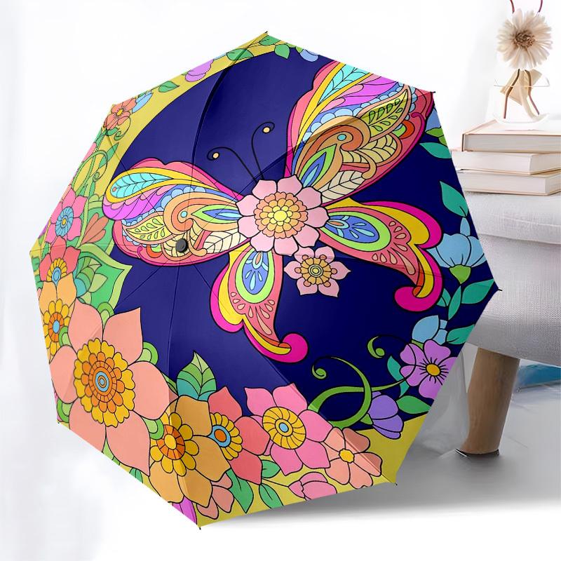 1pc Butterfly Flowers Mandala Artwork Umbrella with Plastic Handle,Vibrant Cartoon Pattern,Multi-functional UmbrellaPT059