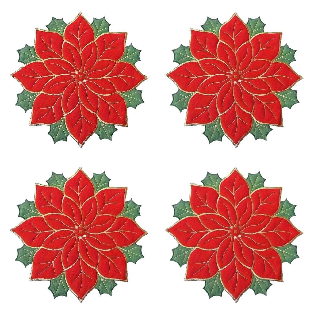 4pcs Christmas Embroidered Table Flag Tablecloth Desk Runner Round Plate Cover Plate Cloth Placemat Christmas Dining Table Decor