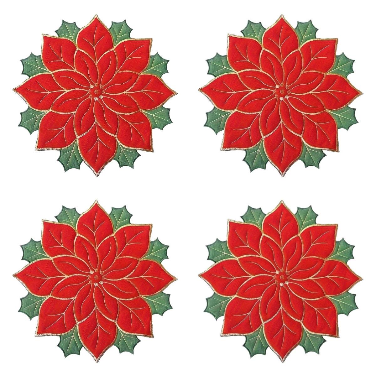 

4pcs Christmas Embroidered Table Flag Tablecloth Desk Runner Round Plate Cover Plate Cloth Placemat Christmas Dining Table Decor 30x30CM