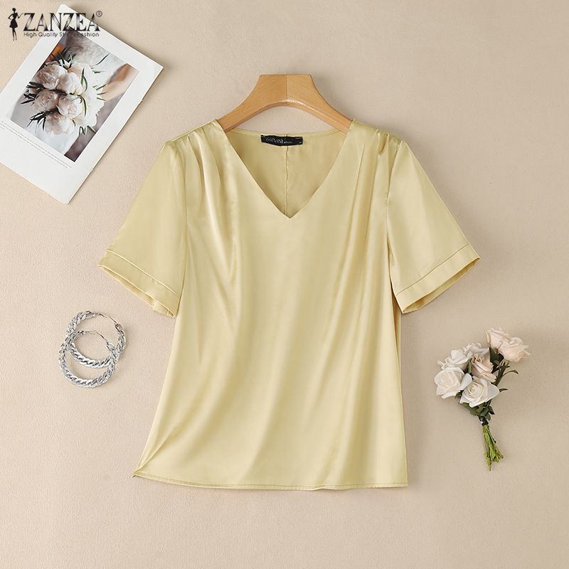 ZANZEA Blouse Décontractée à Col V Ample à Manches Courtes pour Femme
