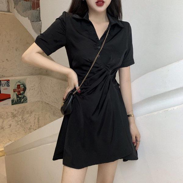 Hepburn Style V-Neck Little Black Dress for Women - 2025 Spring & Autumn Collection, Retro Short-Sleeved Design