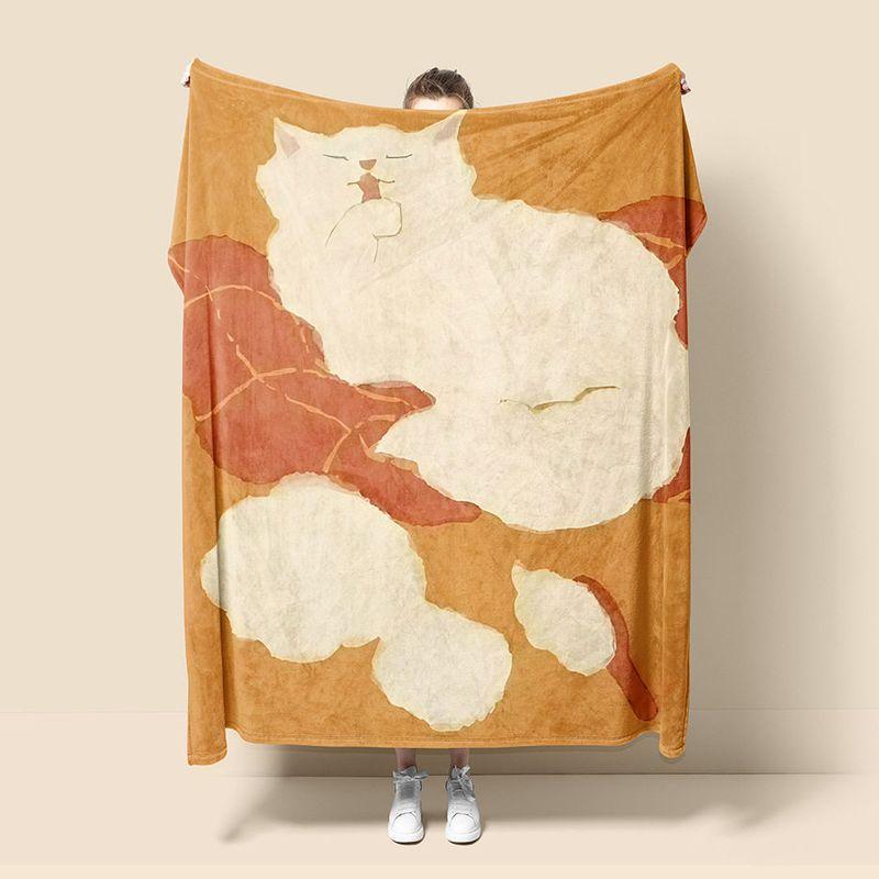 VIKAMA Art Painting White Cat Flannel Throw Blanket Warm Orange Background Cute Kitten Print Soft Sofa Bedroom Home Decor