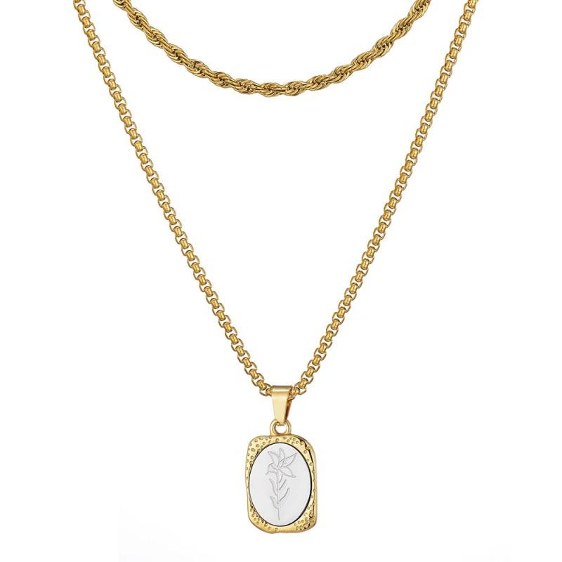 Vintage Floral Titanium Steel Necklace With Engraved French Mirror Square Pendant Layered Locket Chain Women
