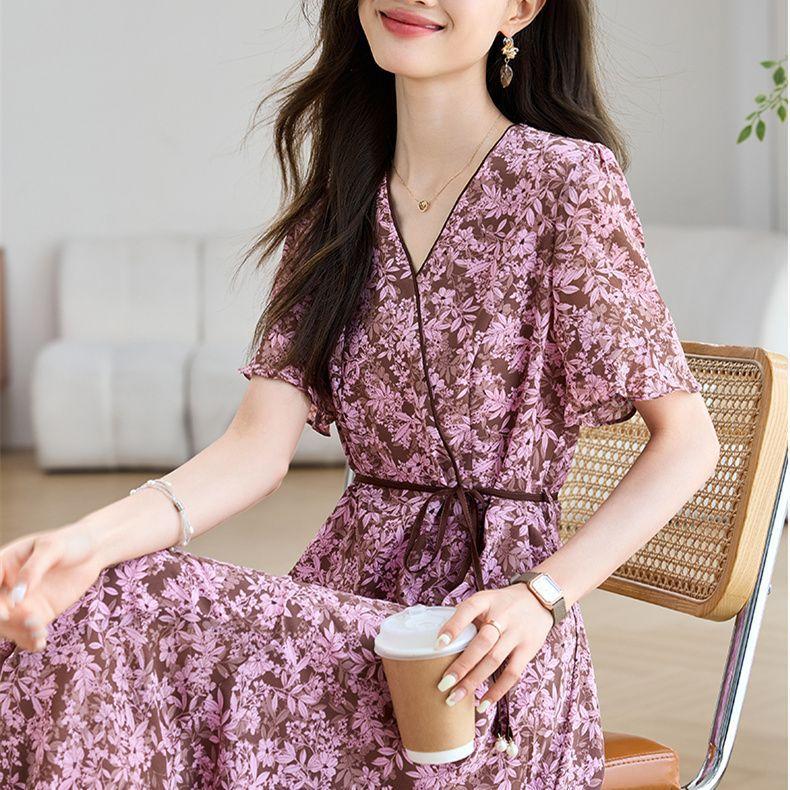 Chiffon Summer Dress for Womens Summer Latest Style Waist-hugging Slimming Floral Short-sleeved Skirt