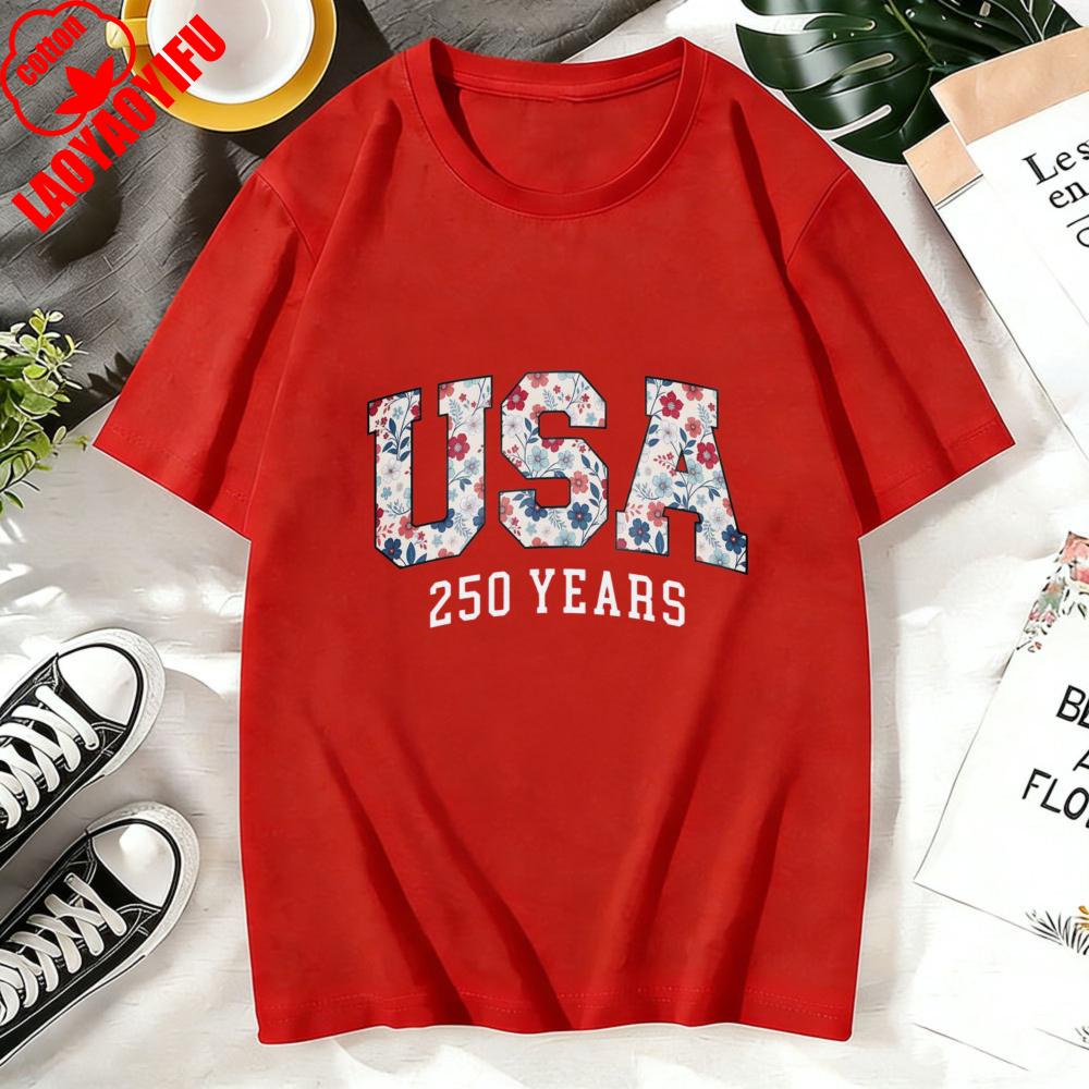 T Shirt Women Cotton Short Sleeve O Neck Casual Fashion Usa 250 Years Floral Print Top For Her Summer Holiday Gift