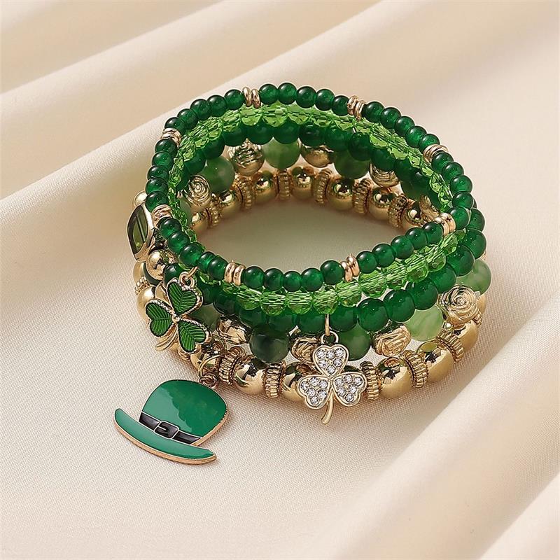 St.Patrick's Day Bracelets for Women Men Mutilayered Lucky Shamrock Charm Bracelet Green Leaf Hat Beaded Holiday Bracelet Irish Festival Party Jewelry