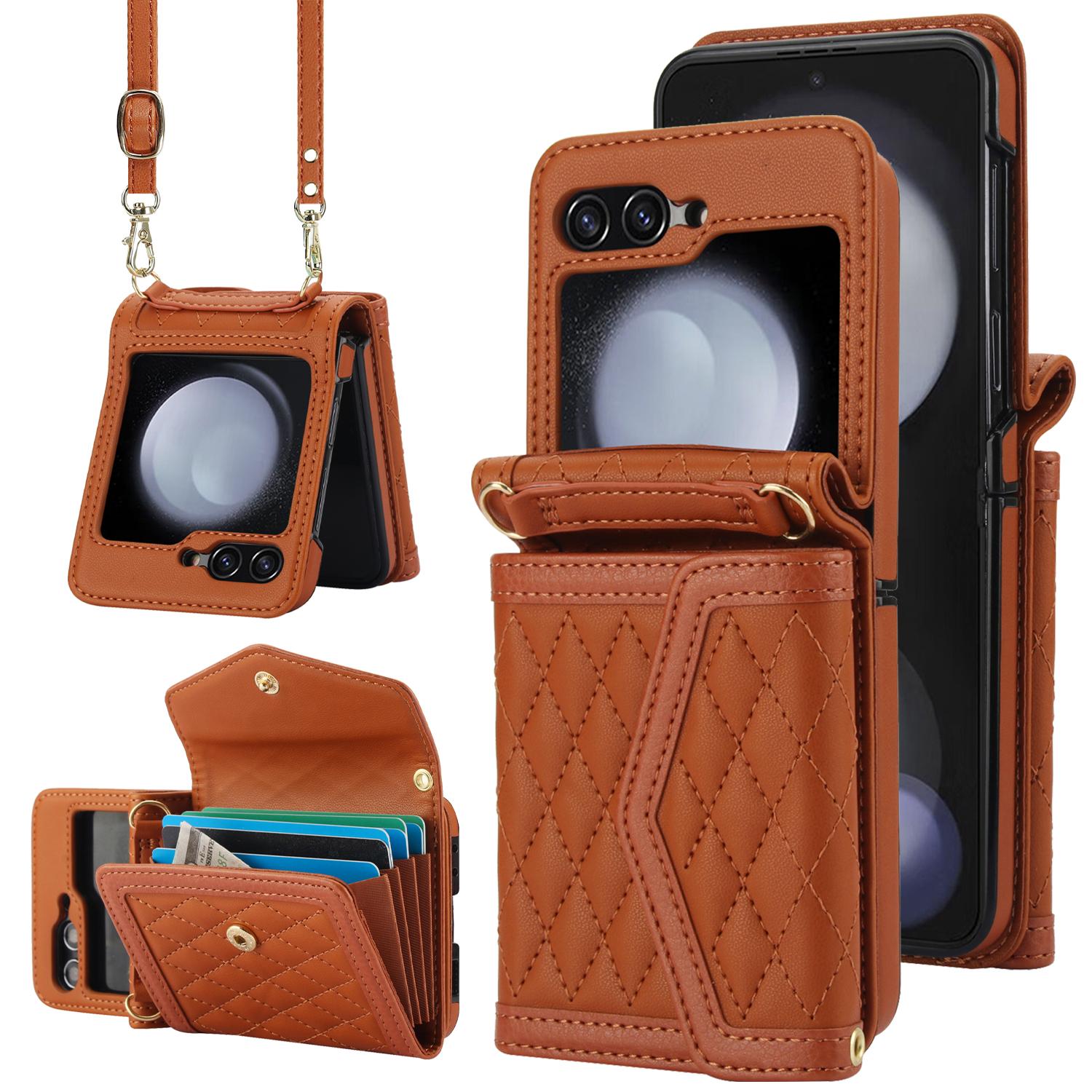 

For Samsung Galaxy Z Flip5 5G Crossbody Case Card Holders PU Leather+PC Phone Cover RFID Blocking Brown