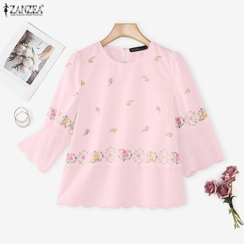 ZANZEA Women Round Neck 3/4 Sleeve Casual Floral Print Blouse