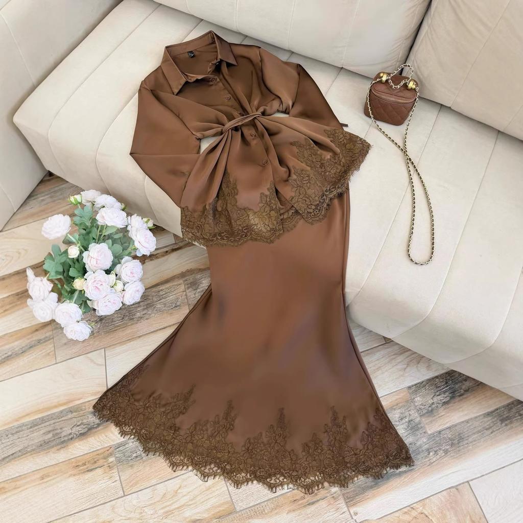 Women's 2026 Spring New Dress Set: Elegant Lace Patchwork Tie-Up Long-Sleeve Shirt and Skirt Two-Piece Set