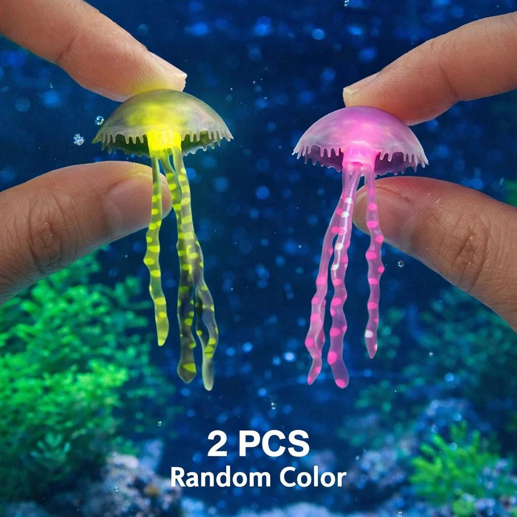 Set of 2 Glow-in-the-Dark Realistic Jellyfish Aquarium Decorations - Multicolored fluorescent floating aquarium ornaments.