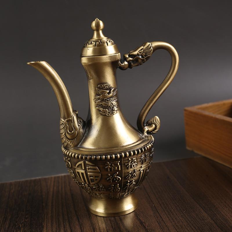 Mosiężny dzbanek na wino Longfeng Chengxiang miedziana ozdoba rękodzielnicza czysta miedź Baifu restauracja dzbanek na wino bankiet domowy retro miedziane naczynie