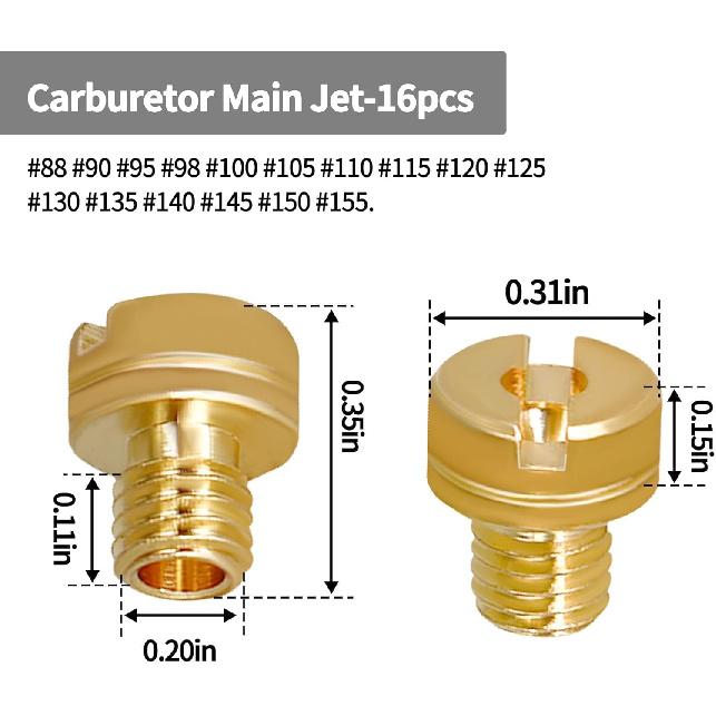 16pcs 5mm Carburetor Main Jet Kit Compatible with Mikuni Vm22 Vm24 Vm26 125cc 150cc 200cc 250cc Dirt Bike Pit Bike ATV Carb Nozzle 88 90 95 98 100