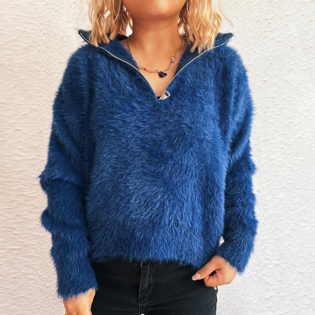 Damen Einfarbig Kurz Lässig Revers Halber Reißverschluss Gestrickt Modisch Oberteil Pullover