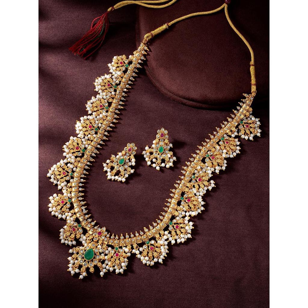 Faux Ruby Faux Emerald & Beads Studded Bridal Necklace Earrings Set Ethnic Jewellery Gift for Women