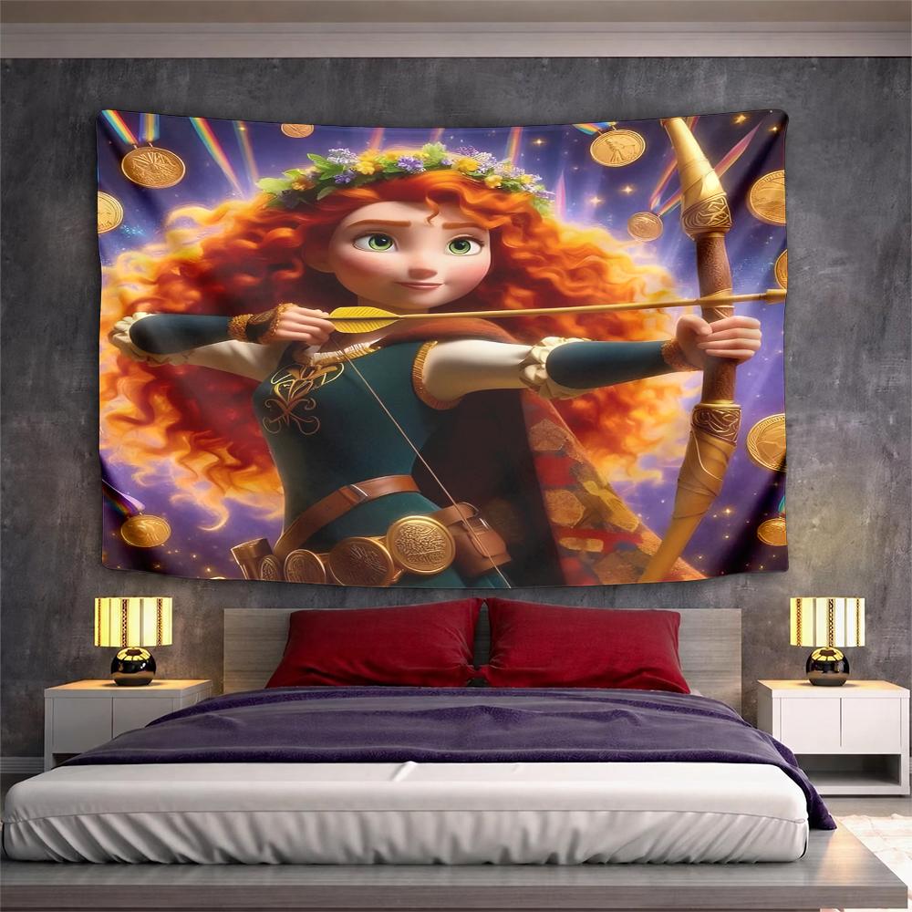 Landscape Wall Tapestry Merida Drawing Golden Bow Surrounded by Medals and Flower Crown, Purple Starry, 3D, Wide Decor for Adult Bedroom Fan Gift