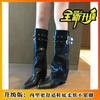 Soft leather stacked pointed thick heel boots new double row rivet buckle western knight boots fashionable women