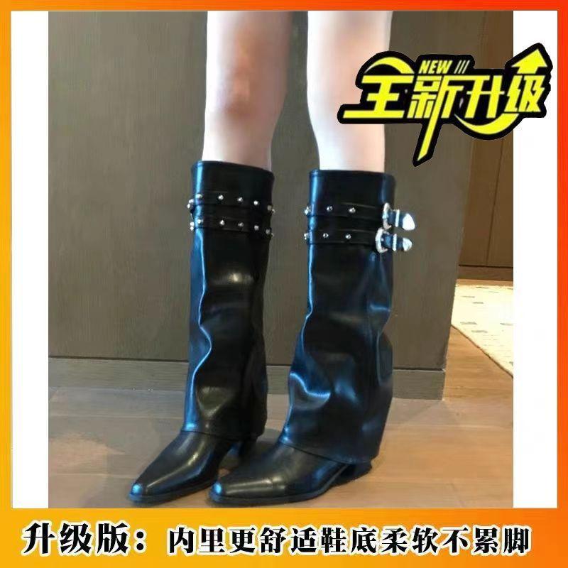 Soft leather stacked pointed thick heel boots new double row rivet buckle western knight boots fashionable women