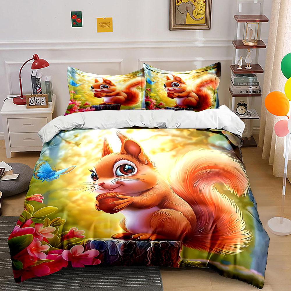 Adorable Squirrel Nature Decor Set Bedding Set with 1 Duvet Cover 2 Pillowcases Single Double King Queen, Gift
