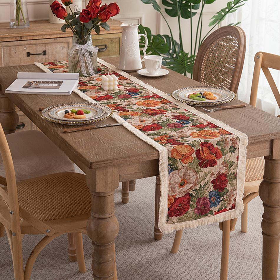 Europäischer Retro Garngefärbter Jacquard Quasten Tischläufer, Baumwoll-Leinen Tischläufer für Party Hochzeit Feste Weihnachten Dekoration