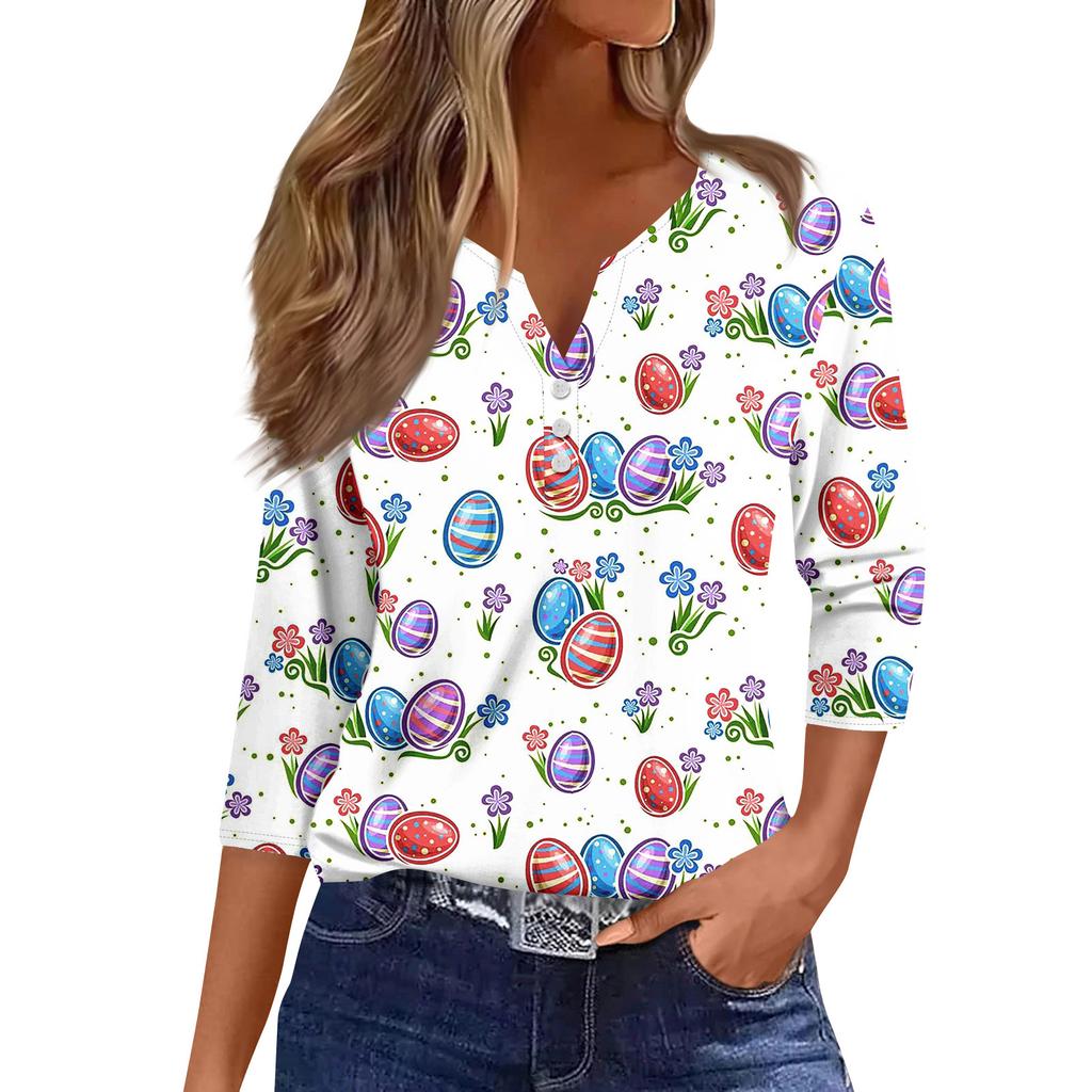 Women's Fashion Casual Seven Minute Sleeve Popover Easter Print Pullover Top