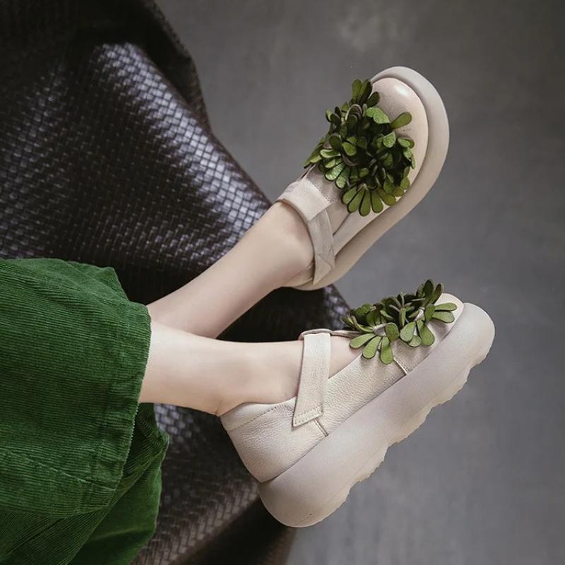 Johnature Ethnic Style Flower Thick Soled Sandals Genuine Leather Versatile Women's Platform Shoes