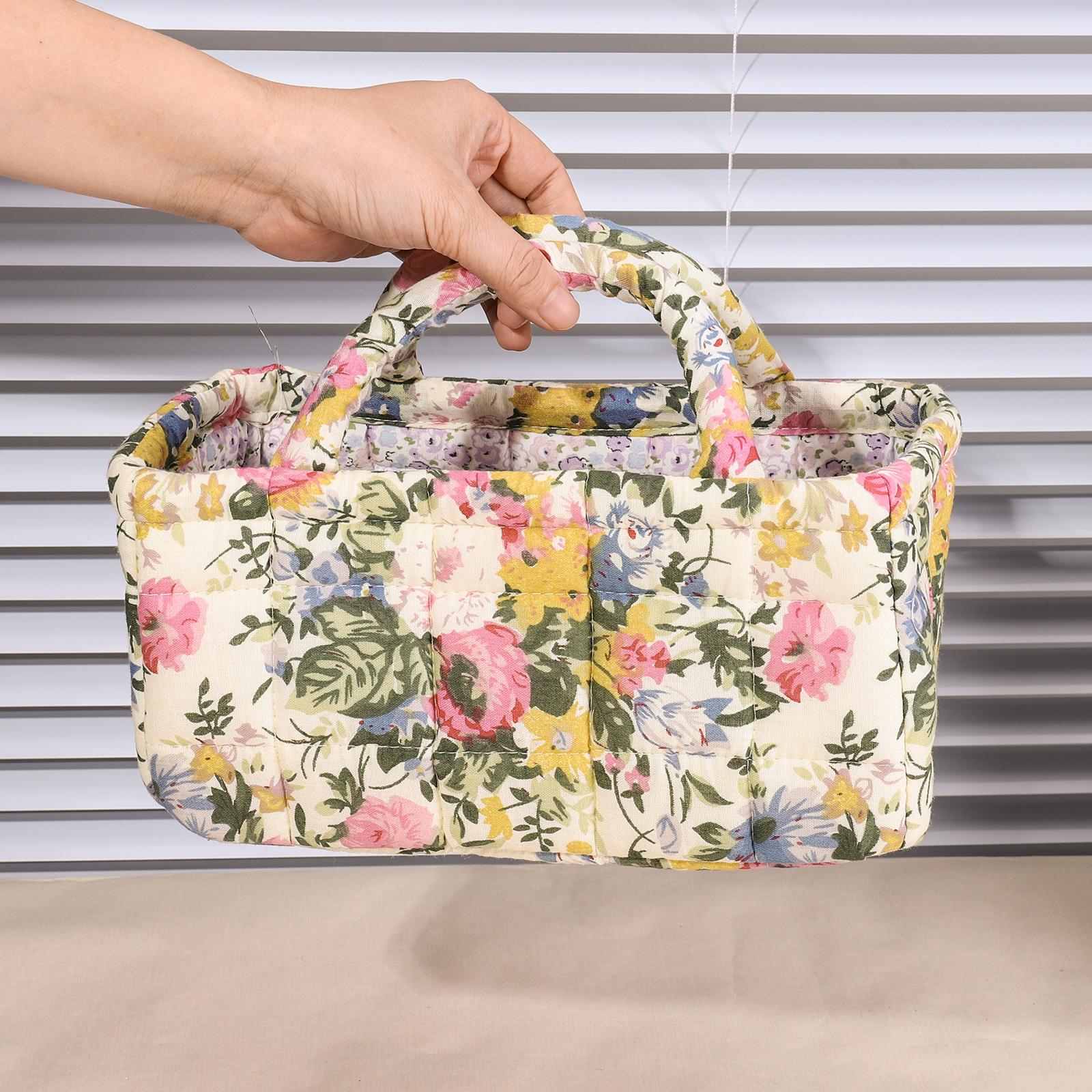 

Floral Quilted Baskets with Handles Collapsible Floral Laundry Hamper Portable Folding Storage Basket for Household Kitchen синий