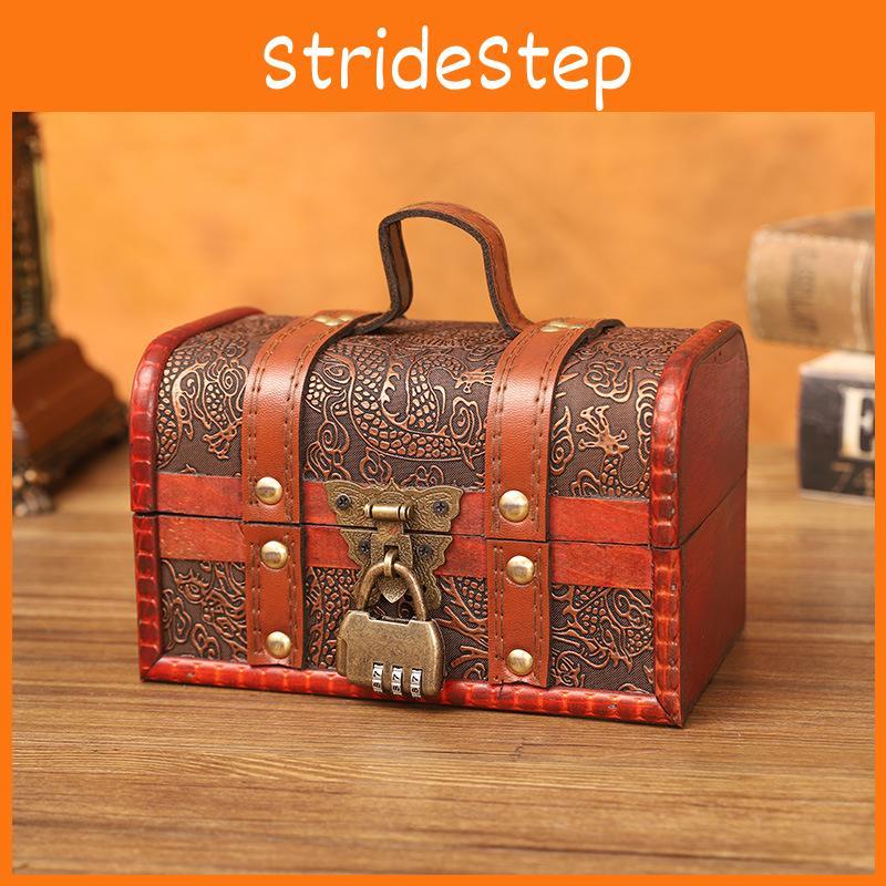 Dragon Pattern Retro Wooden Storage Box With Metal Lock For Desktop Storage