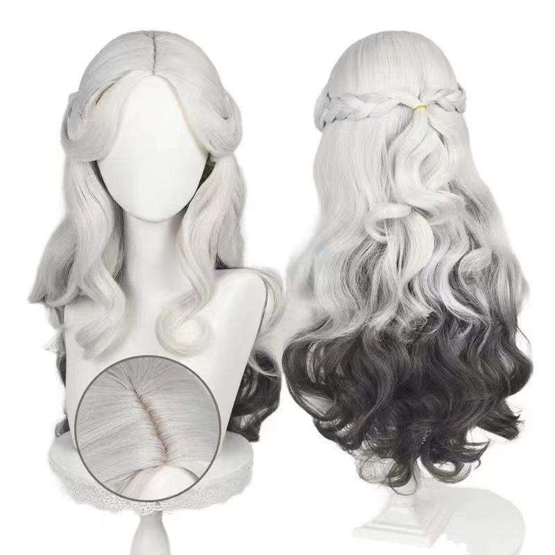 Meng Qian Identity V Parent Long Night Black & White Cosplay Wig, Simulated Scalp, Curly Long Hair