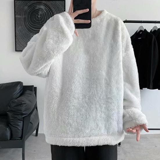 Men Sweatshirt Keep Warm Solid Color Long Sleeves Loose Pullover Plush Thick Soft Comfortable Men Winter Tops for Outdoor