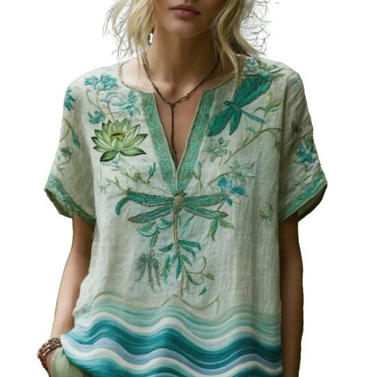 

Women Shirt V-Neck Short Sleeve Loose Fit Pullover Tops 3D Printed Pattern Summer Casual Blouse Daily Wear S G