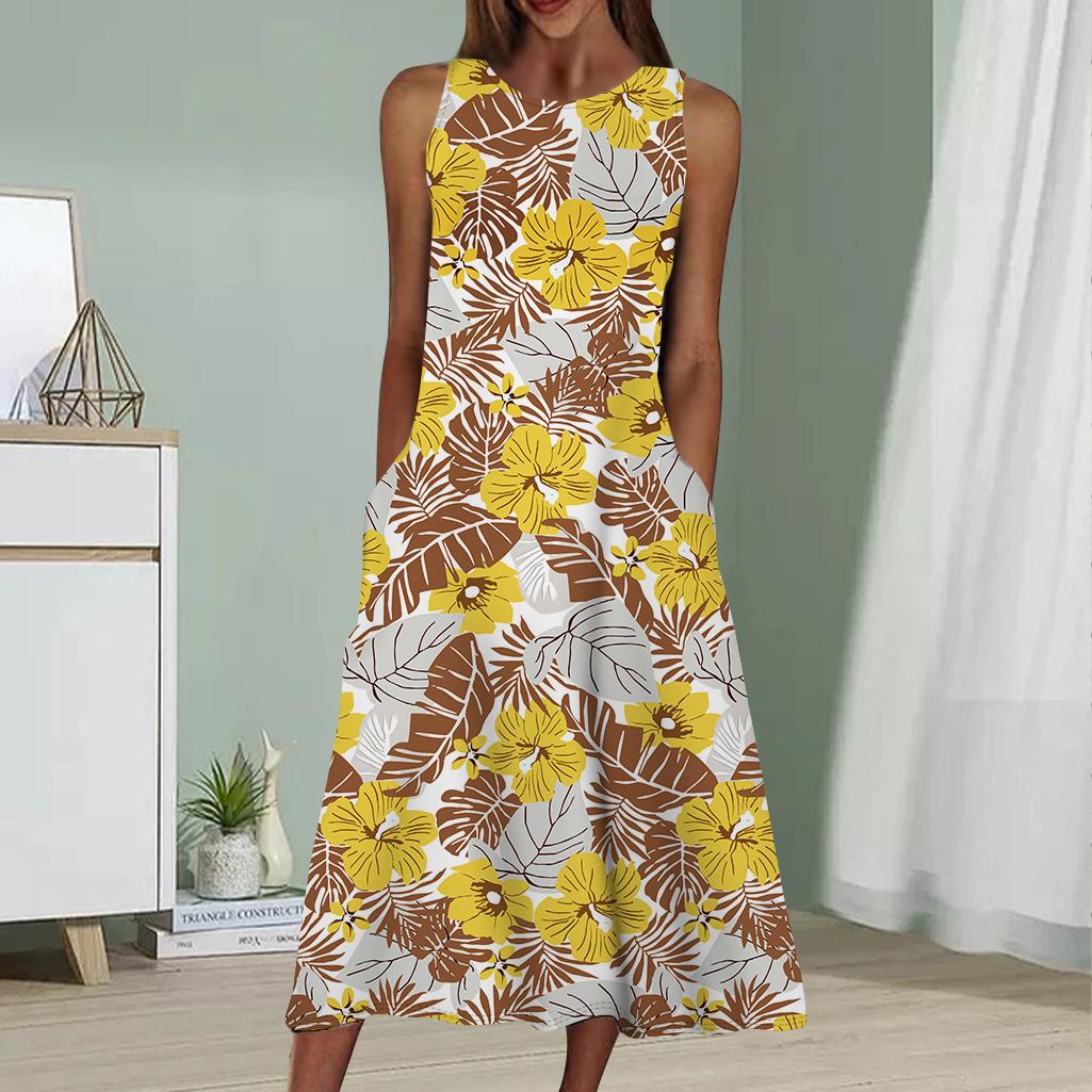 

Літня модна сексуальна сукня без рукавів, м’яка повсякденна сукня з 3D-принтом листя, сукня-слінг без рукавів 8XL жовтий