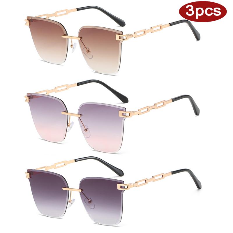 3pcs New Women Rimless Square Sunglasses Chain Leg Design Sun Glasses For Female Alloy Gradient Cutting Lens Eyeglasses UV400