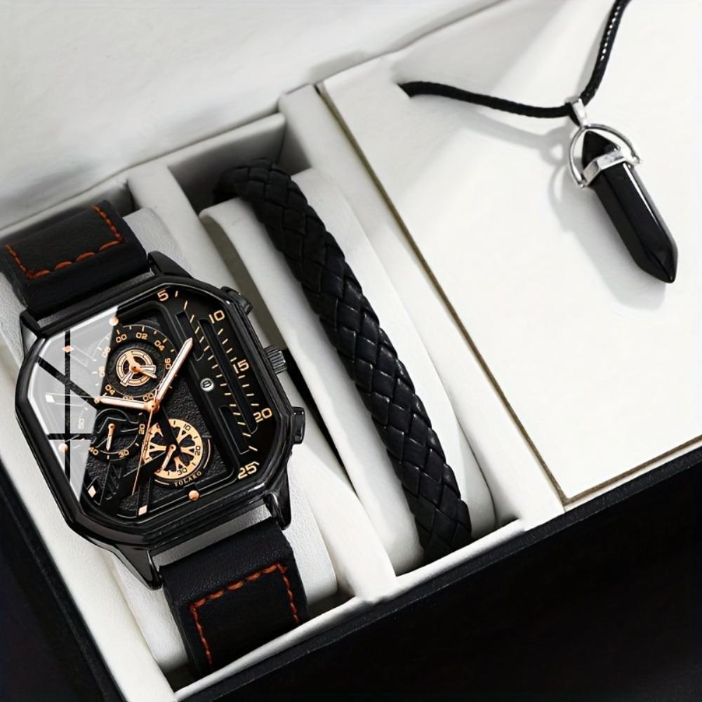 Three-Piece Men S Watch Set Casual Men S Square Dial Quartz Watch Set