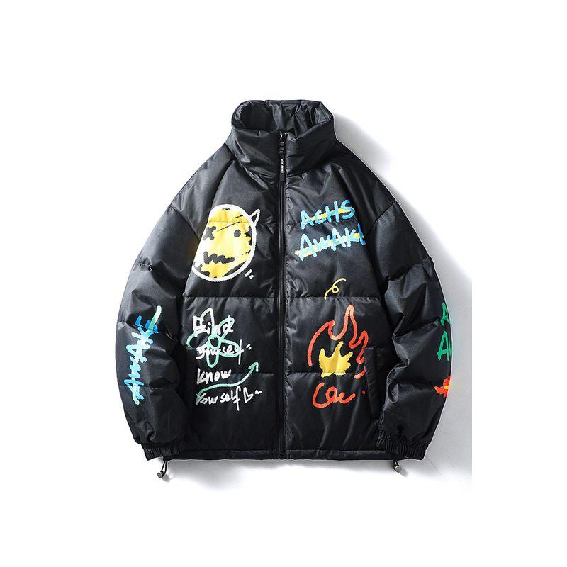 Модная Зимняя Утепленная Мужская Одежда Хлопковая Куртка в Стиле Граффити Black M