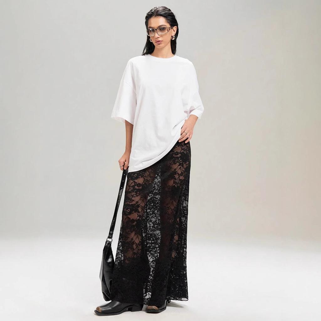 Women High Waist Floral Lace Maxi Skirt, Solid Sheer Bodycon Long Skirt, Streetwear Slim Fit See Through Skirt for Spring Daily Club Trendy Outfits