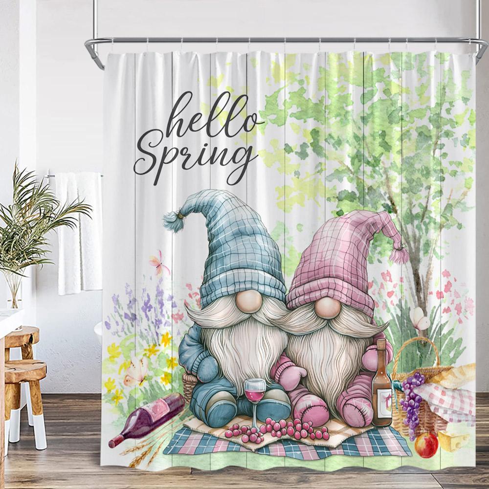 Elf Shower Curtain Sunflowers Summer Vacation Spring Floral Bath Decor Halloween Elf Bath Curtain Cloth Holiday Bathtub Curtain