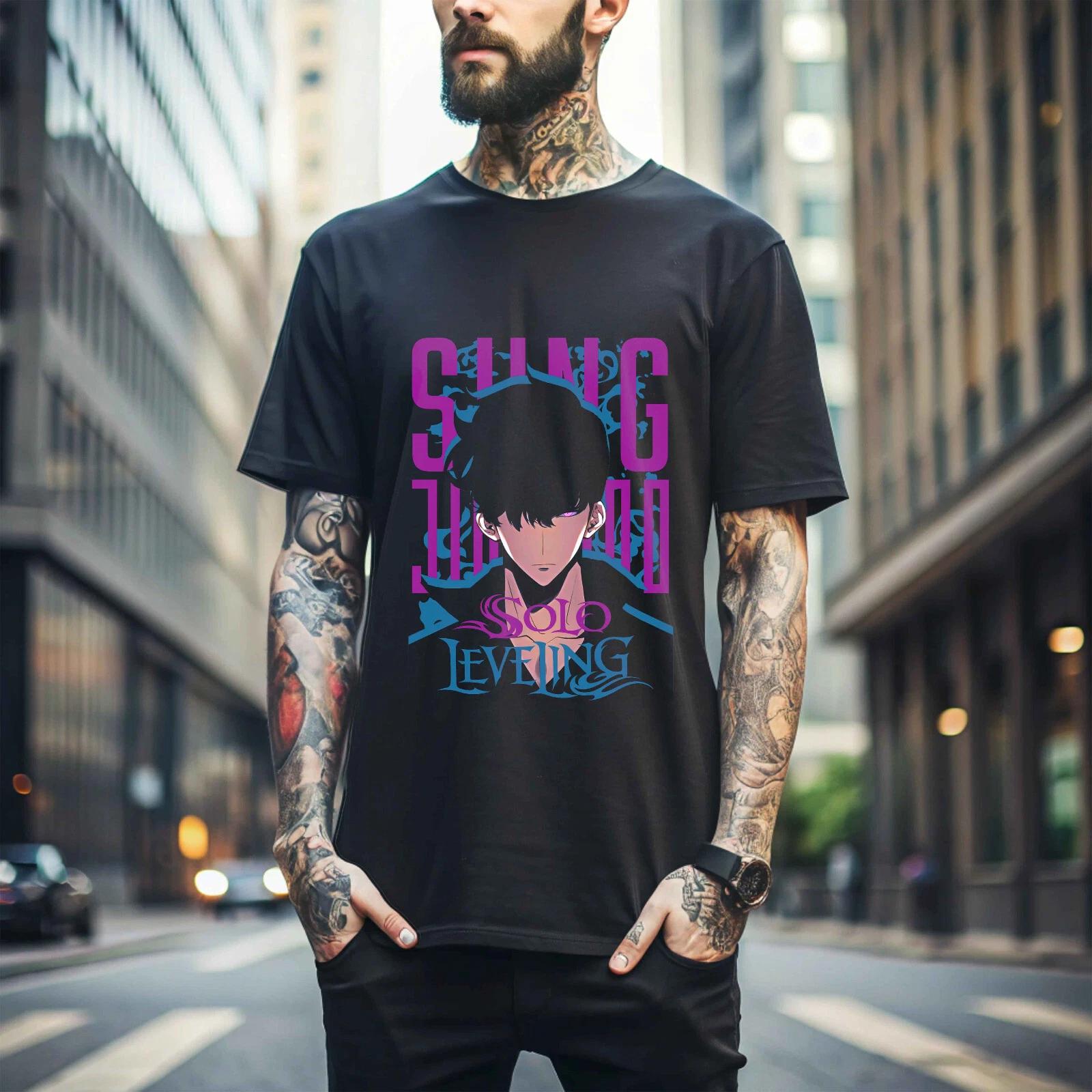 

100% cotton TOPS UNISEX TEES MENS WOMENS Solo Leveling T-Shirt Sung Jinwoo Horror Anime Manga Black Gifts Shirt Gift 200 S чёрный