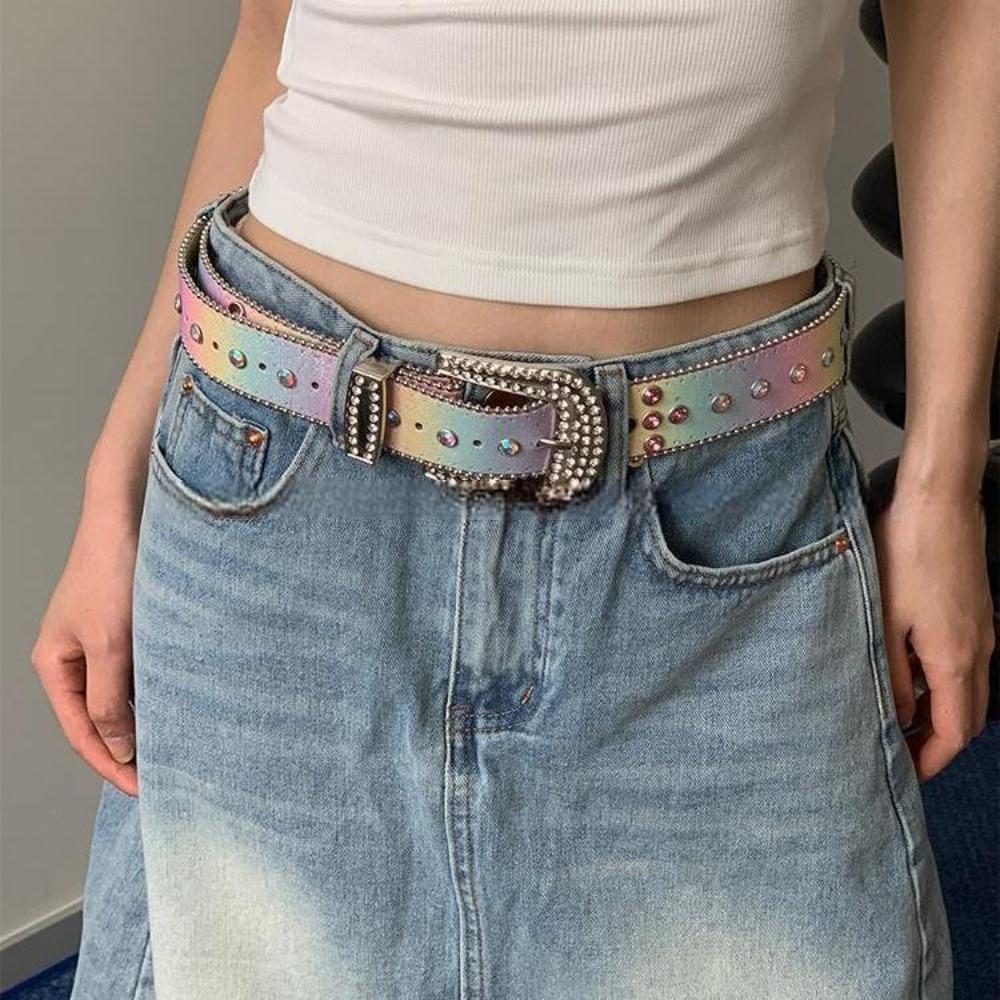 Shiny Retro Y2k Belt Gradient Pink Jeans Waistband Adjustable Rhinestone Waistband  Lady