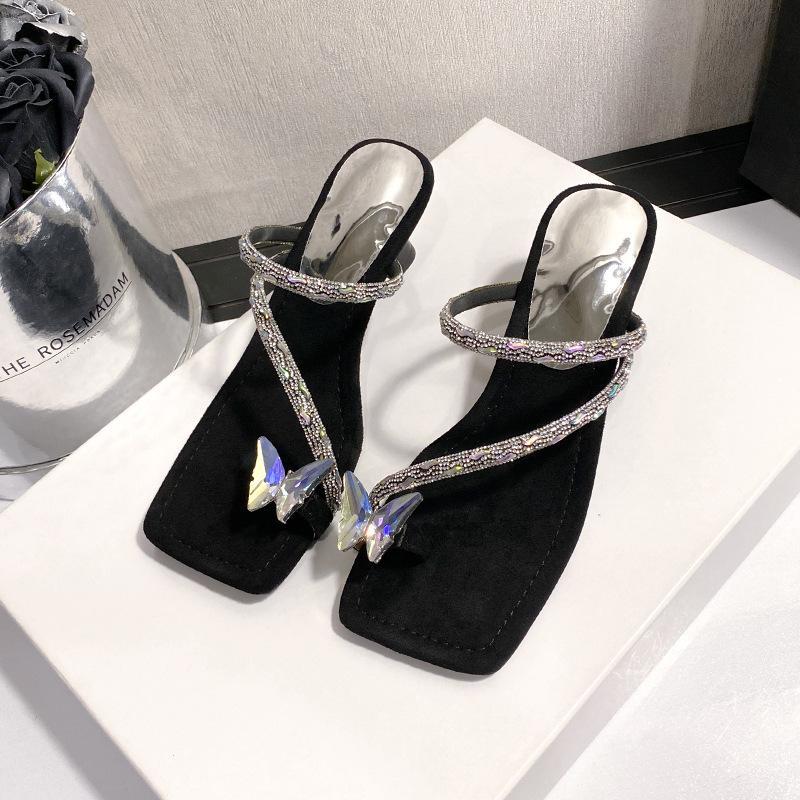 

Rhinestone thin heel cover toe cool slippers women s summer new bow fashion wear high heel slippers 35 чёрный
