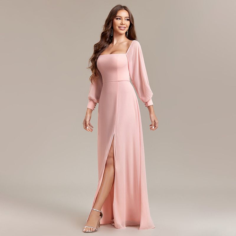 

New Style Birthday Dress for Women, Versatile and Elegant, Strapless Long-Sleeve Dress with Back Zipper and Slit, A-Line Dress Pink M