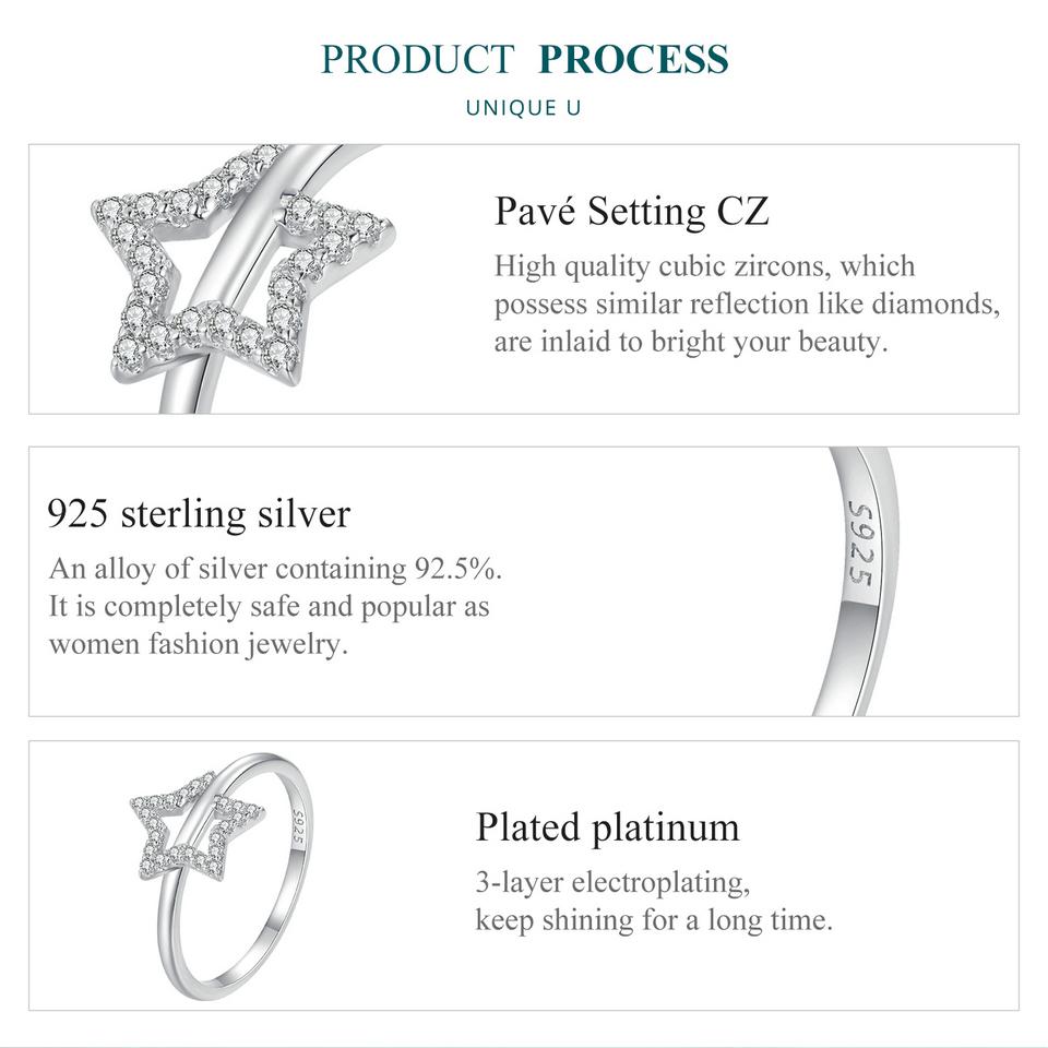 BAMOER 925 Sterling Silver Simple Star Finger Ring Cubic Zirconia for Women Eternity Band Original Design Fine Jewelry