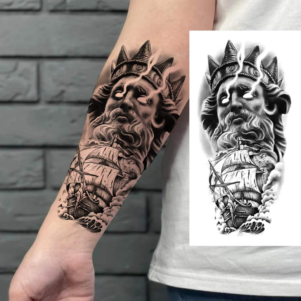 1 Sheet Full Arm Temporary Tattoos For Women Adults Men Spartan Warrior Realistic Fake Knight God Zeus Tattoo Sticker Fashion
