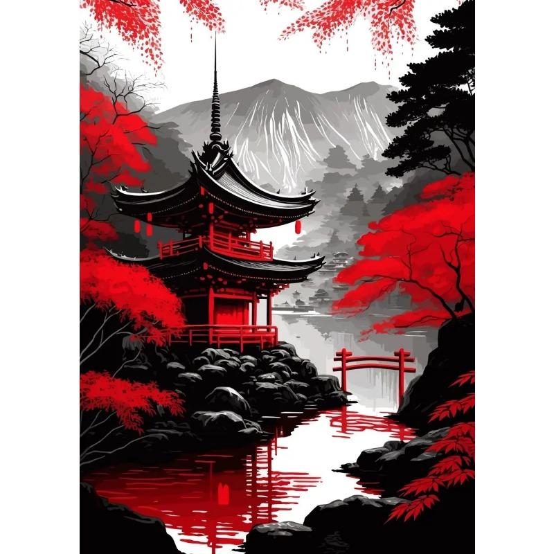 Japanische Naturlandschaft Poster Drucke Abstrakt Roter Baum Und Pavillon Landschaft Leinwandmalerei Wandkunst Für Wohnzimmerdekor
