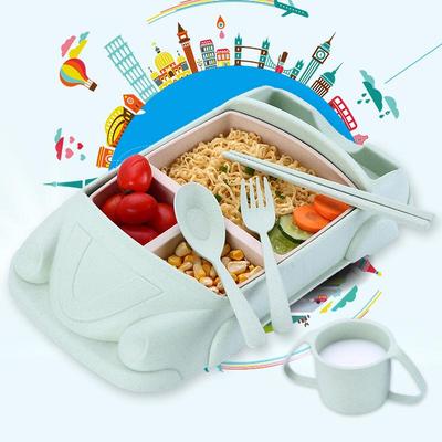 Weizen Cartoon Auto Kindergeschirrset: Teller mit Fächern, Essstäbchen, Gabel, Löffel, Tasse.