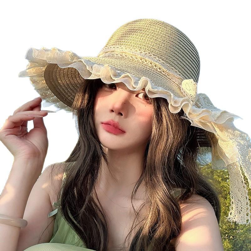 Lace Bowknot Sunshade Straw Hat for Women, Summer Country Style Wide Brim Sun Protection Hat for Travel, Vacation, and Beach
