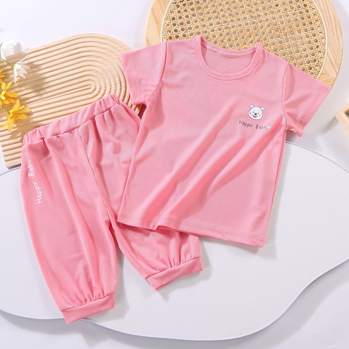 

Летний комплект для мальчиков, тонкий топ с короткими рукавами и короткими рукавами для девочек, укороченные брюки, комплект верхней домашней одежды 130 розовый