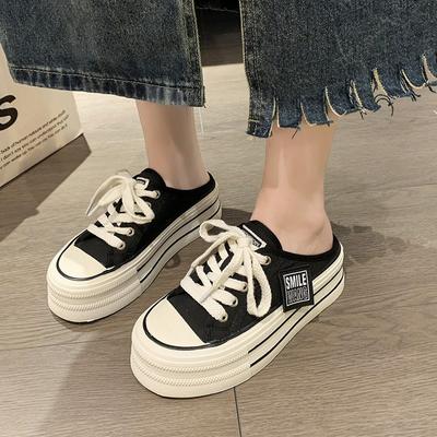 Canvas Semi-Slippers Women's Summer Wear New Thick Bottom Increased Heel-Free Lazy