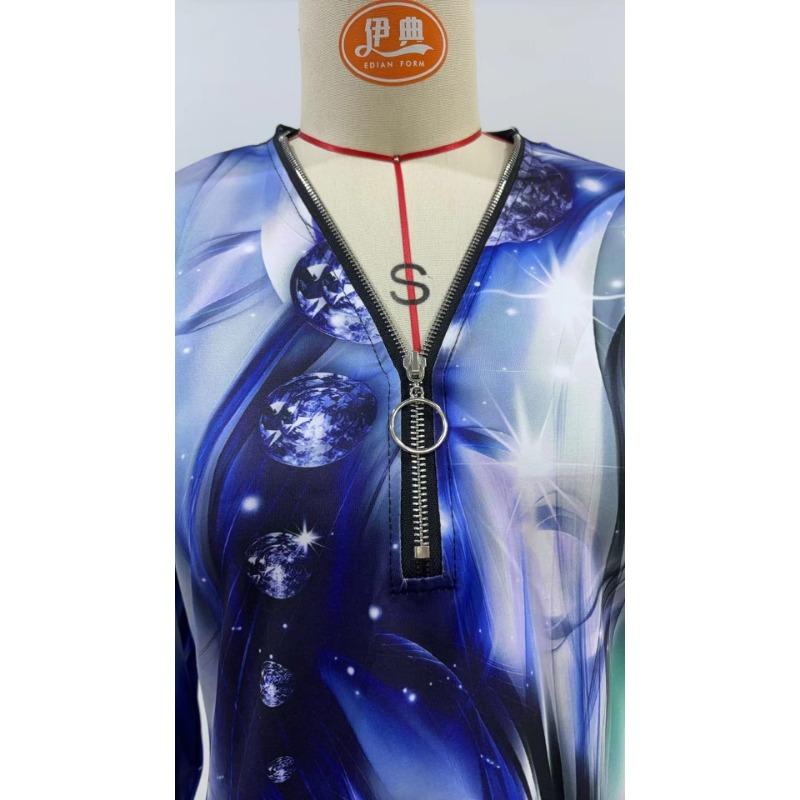 Elegant and Casual Spring and Autumn V-neck Zipper Floral Printed Long-sleeved Women's T-shirts